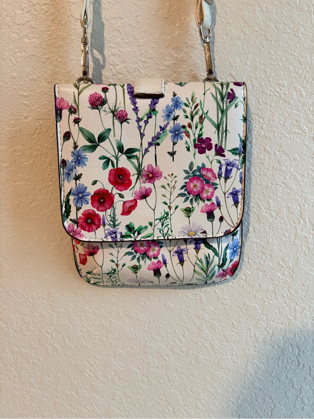 Carlos Santana White Floral Crossbody with Pink, Red & Purple Blooms